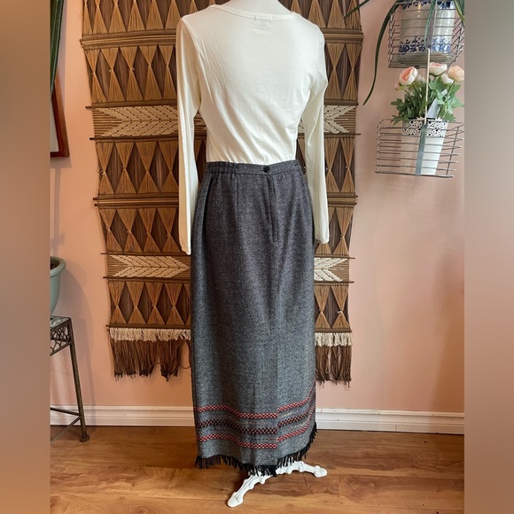 Vintage Black & Grey Wool Blend Embroidered Maxi Skirt With Fringe - Picture 4 of 11